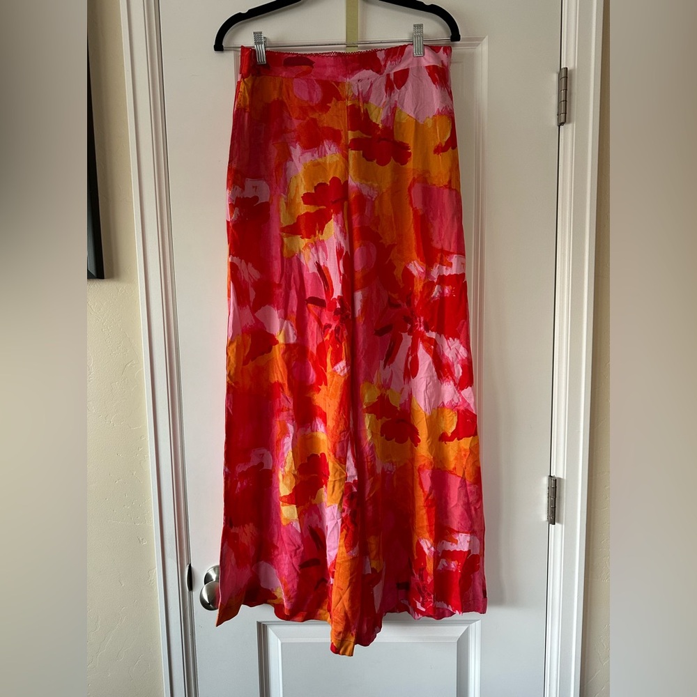 Rose & Olive Red Pink Orange Abstract Floral Wide Leg Pants